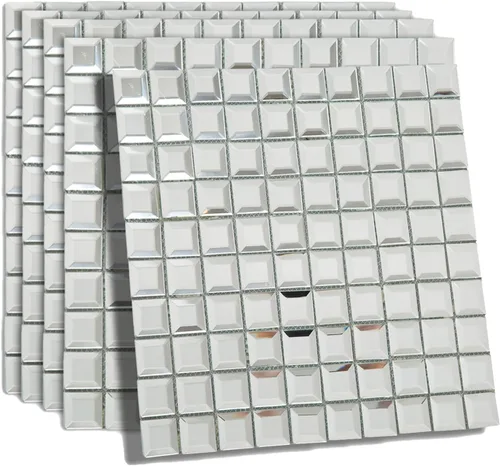 Miniatura 10 de Mosaico de cristal de espejo, 5 caras cuadradas biseladas de cristal plateado espejo de 12 x 12 pulgadas sin costuras para cocina y baño, 5 hojas