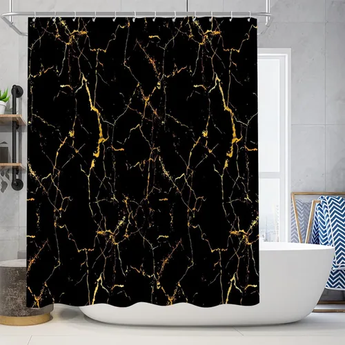 Miniatura 2 de AZHM Juego de 4 cortinas de ducha de mármol negro y dorado con cortina de ducha y alfombras y accesorios, juegos de cortina de baño de lujo con 12