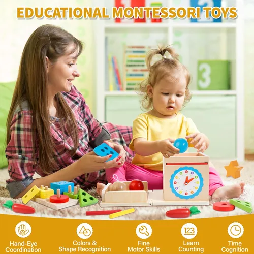 Miniatura 7 de Kizfarm Juguetes Montessori de madera para bebés, kit de juego de madera 8 en 1, incluye caja permanente de objetos, caja de monedas, cosecha