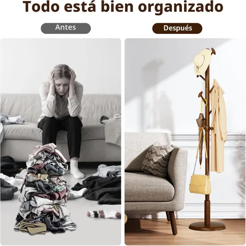 Miniatura 7 de Taitiy Perchero de madera maciza independiente con 10 ganchos para dormitorio, sala de estar, entrada, soporte resistente para colgar abrigos