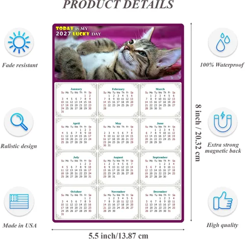 Miniatura 3 de Calendario magnético 2024 – Imanes del calendario – Today is my Lucky Day – Resistente a la decoloración, desgarros y agua – Temática de gato 08
