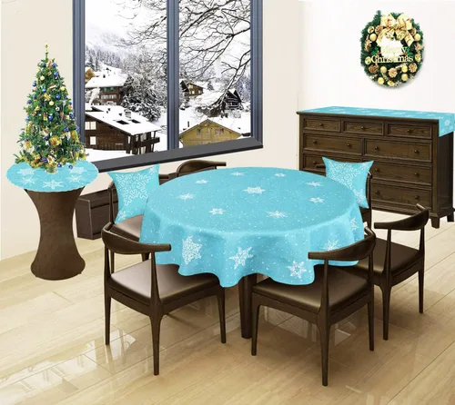 Miniatura 3 de Mantel bordado de copos de nieve para Navidad (azul claro, redondo de 70 pulgadas)