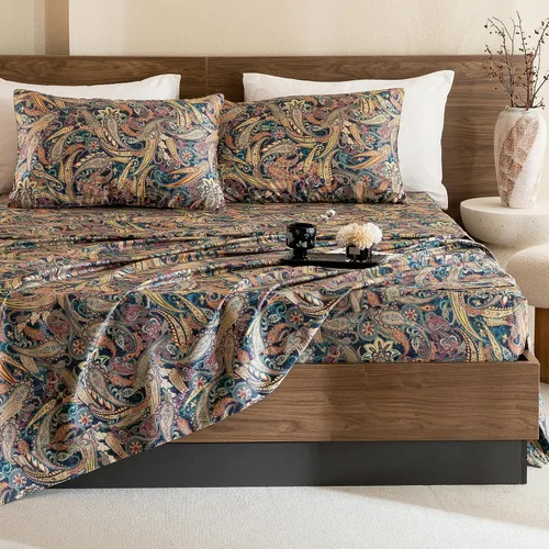 Miniatura 8 de Lady Ann Sábanas de cama tamaño Queen, juego de sábanas de algodón egipcio 100% con patrón estampado de flores Paisley, juego de ropa de cama de 4