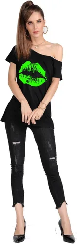 Miniatura 40 de MAGICMK - Camiseta casual para mujer, con estampado de labios y hombro descubierto, talla extragrande