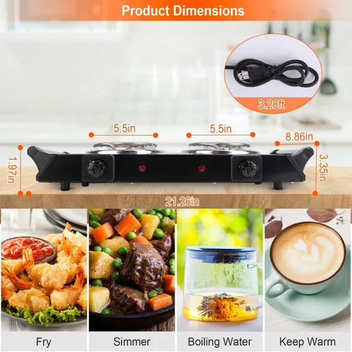 Miniatura 6 de TeqHome Placa caliente, estufa eléctrica portátil de 2000 W para cocinar con asas que se mantienen frescas y 5 niveles de temperatura ajustable