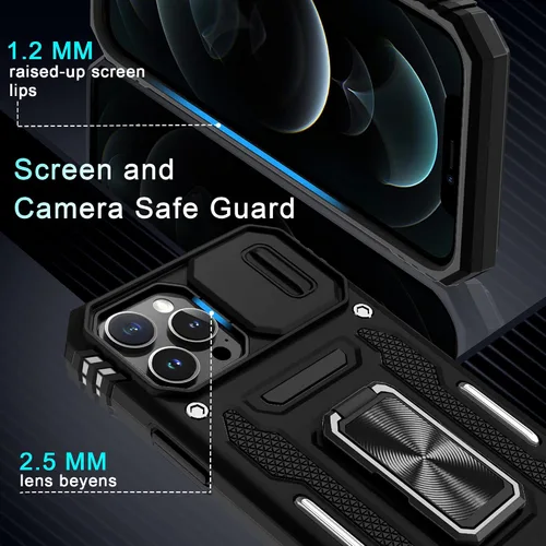 Miniatura 5 de DEERLAMN Funda para iPhone 13 Pro Max con cubierta deslizante para cámara + protector de pantalla (1 unidad), anillo giratorio con soporte de grado