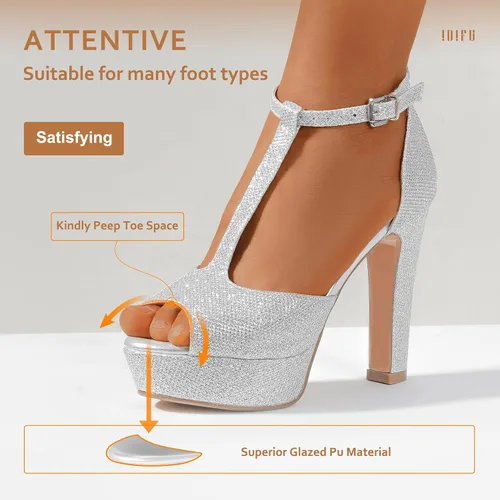 Miniatura 4 de IDIFU IN5 Polly - Sandalias de tacón alto grueso con correa en T para mujer, sandalias sexy con punta abierta, para boda, fiesta, graduación