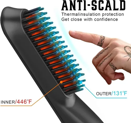 Miniatura 6 de Cepillo iónico calentado para alisar el cabello para hombres, 5 ajustes de temperatura, antiquemaduras, moldeador de barba y bolsa de viaje