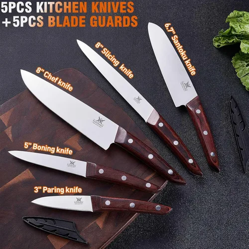 Miniatura 5 de Naitesen Juego de 5 cuchillos de chef de cocina profesional con protectores de cuchilla, mango de madera de acero de alto carbono, afilado
