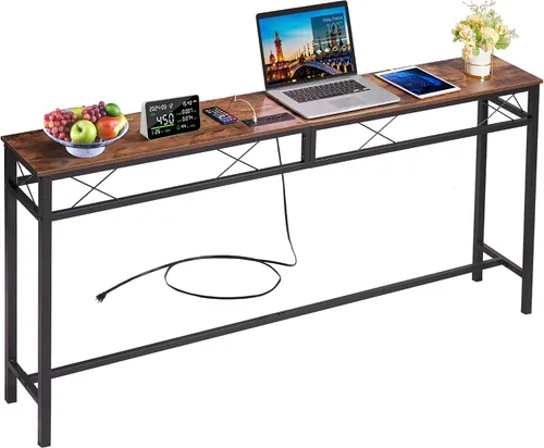 VECELO Mesa de consola angosta extra larga de 71 pulgadas con estación de carga, toma de corriente y puertos USB, para entrada, sala de estar,