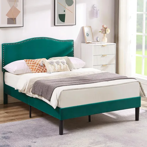Miniatura 11 de VECELO Base de cama tamaño Queen, base de cama de plataforma con cabecera tapizada de altura ajustable, marcos resistentes y fuerte soporte