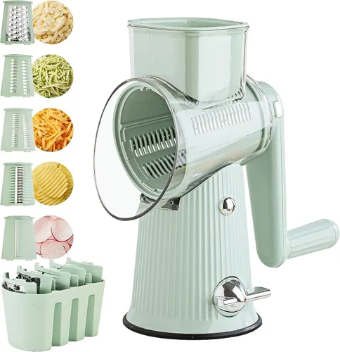 Rallador de queso giratorio con mango: rallador de queso 5 en 1, triturador de queso de manivela con base de succión fuerte, cortador de verduras de