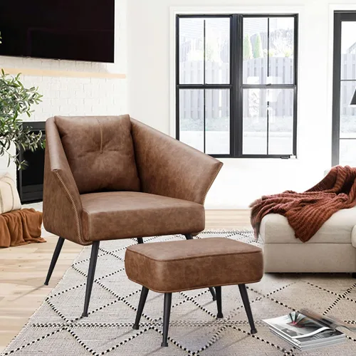 Alunaune Silla decorativa moderna color marrón con otomana, silla individual tapizada de piel sintética para sala de estar, cómoda de mediados de