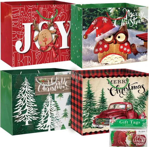 Party Funny 12 bolsas de papel de regalo de Navidad extra grandes a granel con asas y 60 etiquetas de regalo de Navidad, 6 diseños, juego de sacos