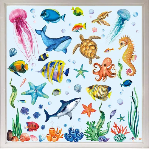 AnyDesign 9 hojas de calcomanías de ventana de verano, reutilizables, acuarela, animales marinos, calcomanías de vidrio para el hogar, fiesta, bajo