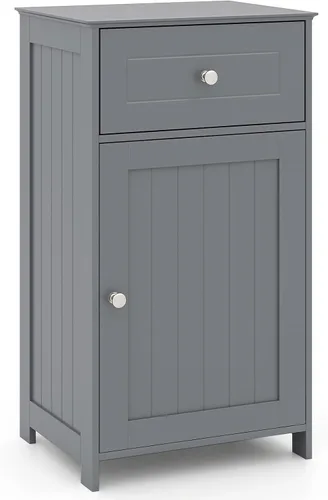 Miniatura 10 de Giantex Armario de almacenamiento de baño de piso, gabinete independiente con cajón, puerta, estante ajustable, dispositivo antivuelco, organizador
