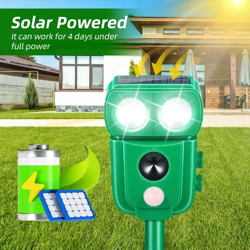 Miniatura 3 de Paquete de 4 repelentes solares ultrasónicos de animales con sonido y luz, ardilla repelente de gatos al aire libre para mapache, coyote, zorro