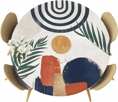 Miniatura 26 de Mantel redondo ajustado con diseño floral de mandala aguamarina, estilo étnico bohemio con borde elástico, impermeable, mantel circular de flores