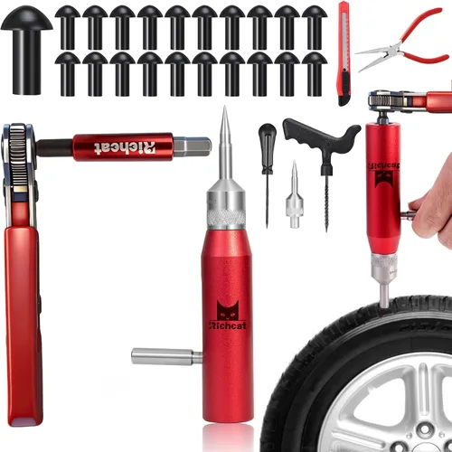 Miniatura 9 de Richcat Kit de reparación de pinchazos de neumáticos sin cámara con tapón de seta, repara pinchazos y neumáticos planos para motocicletas