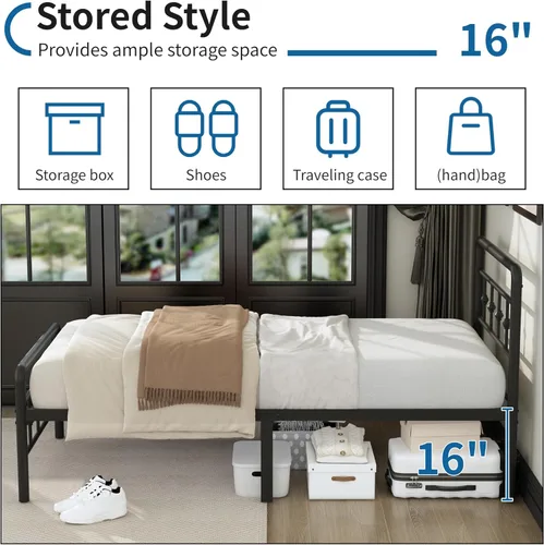 Miniatura 5 de DiaOutro Base de cama clásica de metal con cabecero y estribo, 16 pulgadas, no necesita somier, resistente estilo victoriano, base de Negro mate