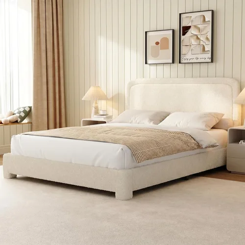 WEUP Marco de cama Boucle de tamaño Queen, moderno marco de cama color crema con cabecero, esquinas redondeadas suaves, no requiere somier, cabecera