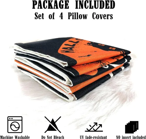 Miniatura 4 de Juego de 4 fundas de almohada de Halloween de 18 x 18 pulgadas, funda de almohada de lino suave con castillo de gato negro, decoración rústica