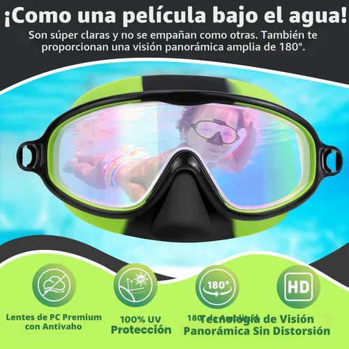 Miniatura 6 de Vvinca 2 gafas de natación para niños con cubierta para la nariz, máscara de buceo de natación de visión amplia, antivaho UV, anti roturas