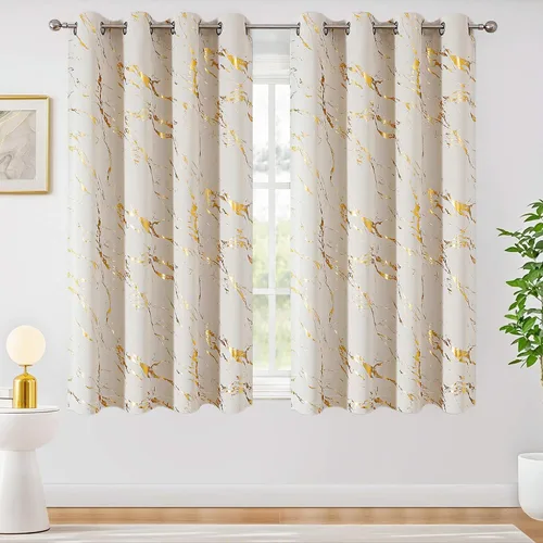 Miniatura 8 de WUBODTI Cortinas 100% Opacas de Mármol Beige de 63 Pulgadas de Largo 2 Paneles, Cortina Corta con Ojales de Impresión de Lámina Dorada Moderna
