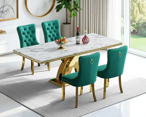 Miniatura 44 de Moderno juego de mesa de comedor de mármol sintético de 68.11 pulgadas para 6, mesa de comedor de mármol blanco y plateado con 6 sillas de Blanco