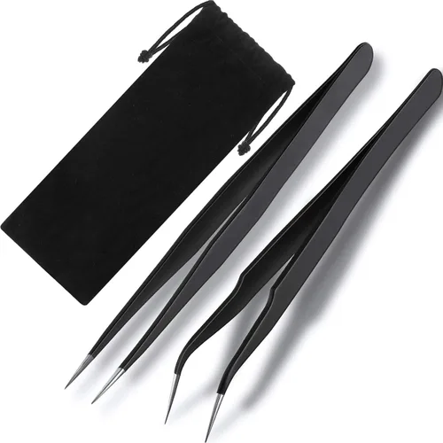 Miniatura 9 de Hotop 2 Piezas Pinzas de punta recta y curva para extensiones de pestañas, Herramientas de aplicación de pestañas postizas de acero inoxidable rosa.