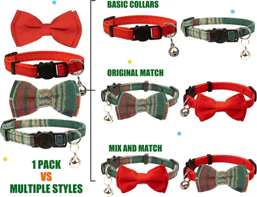 Miniatura 4 de Collar para Gato Mascota Separable con Campana y Moño Desmontable Ajustable Seguridad para Gatito Cachorro Niña Niño 2 piezas Navidad-A