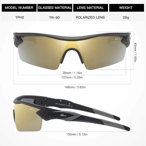 Miniatura 2 de Bevi Polarized Sports Sunglasses TR90 Unbreakable Frame for Men Women Running Cycling Golf Baseball Oro