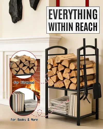 Miniatura 3 de Breeze Touch Estante de leña de 29 pulgadas con 4 herramientas para chimenea, soporte de troncos resistente de 5 piezas para chimenea