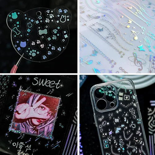 Miniatura 4 de 24 hojas de calcomanías holográficas Kpop, calcomanías coreanas para fotocartas, autoadhesivas, con purpurina transparente, estrellas, lunas, Color-a