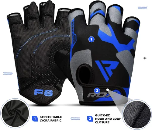 Miniatura 2 de RDX Guantes de levantamiento de pesas para gimnasio, entrenamiento de fitness, palma acolchada antideslizante, equipo de entrenamiento de fuerza Azul
