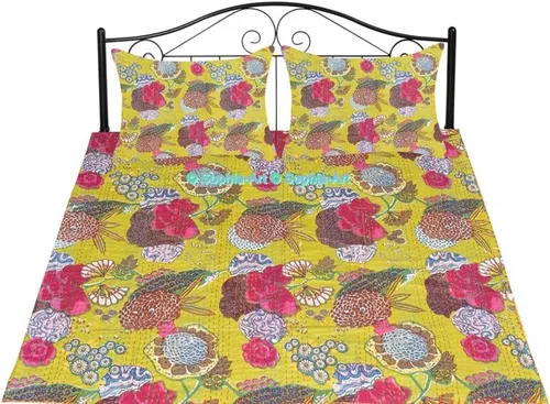 Miniatura 6 de Sophia-Art Colcha reversible de frutas indias para cama individual/king con patrón Gudri de algodón puro estilo Kantha, colcha decorativa con Rosa