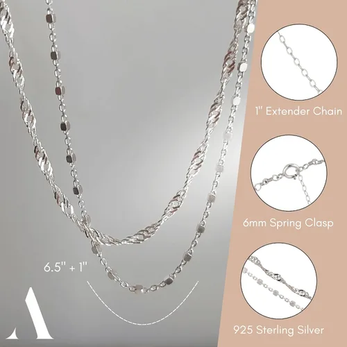 Miniatura 6 de Pulsera de doble cadena Annika Bella, cadena de mano de 6.5-7.5 pulgadas, pulseras de cadena de plata de ley 925, joyería minimalista para mujer