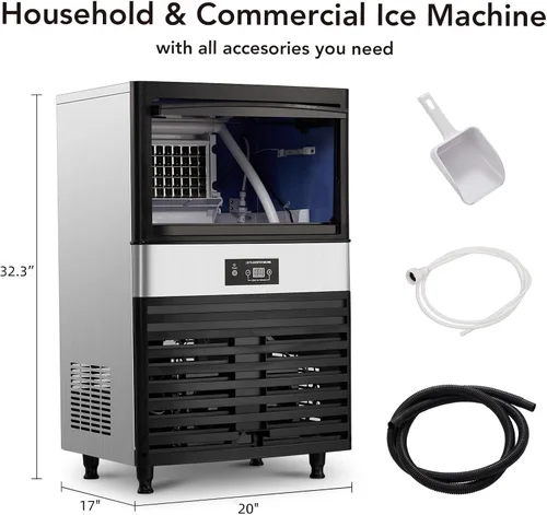 Miniatura 7 de Máquina de hielo comercial de 110 libras/24 horas, máquina de hielo debajo del mostrador con cubo de hielo de 30 libras, 40 cubitos de hielo/ciclo