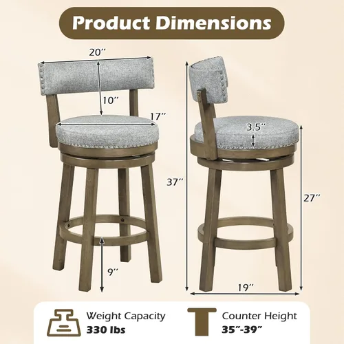 Miniatura 3 de COSTWAY Taburete de bar giratorio de 27 pulgadas, con respaldo acolchado y patas de madera de goma, silla de desayuno para isla de cocina