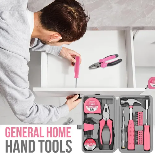 Miniatura 4 de Kit de herramientas de bricolaje para el hogar de 24 piezas, color rosa, para mujeres, juego de mini caja de herramientas compacta con herramientas