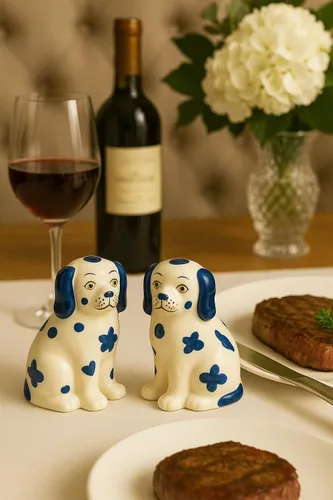 Miniatura 6 de Staffordshire Dogs Chinoiserie Decor - Juego de salero y pimentero decorativo azul, cerámica pintada a mano
