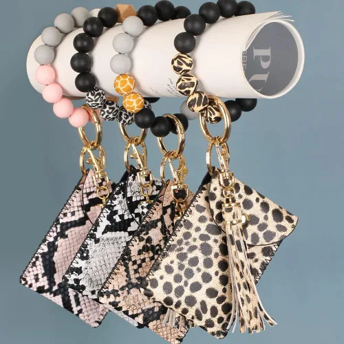Miniatura 7 de UpUDo Llavero pulsera de silicona, pulsera con cuentas de silicona con cartera para tarjetas, llavero elástico para mujer