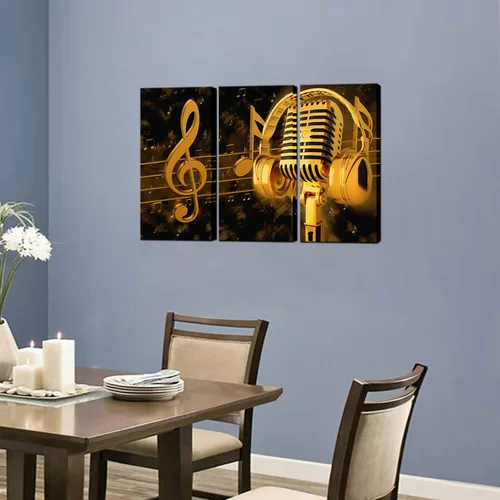 Miniatura 4 de Biuteawal - Pinturas artísticas musicales, arte de pared, micrófono de metal dorado y auriculares, nota de imagen, lienzo con impresión giclée
