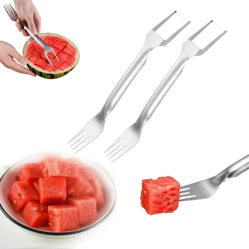 Cortador de frutas de acero inoxidable 2 en 1, nuevo cortador de tenedor de sandía 2026, herramienta cortadora de tenedores de fruta de doble 2 pzas