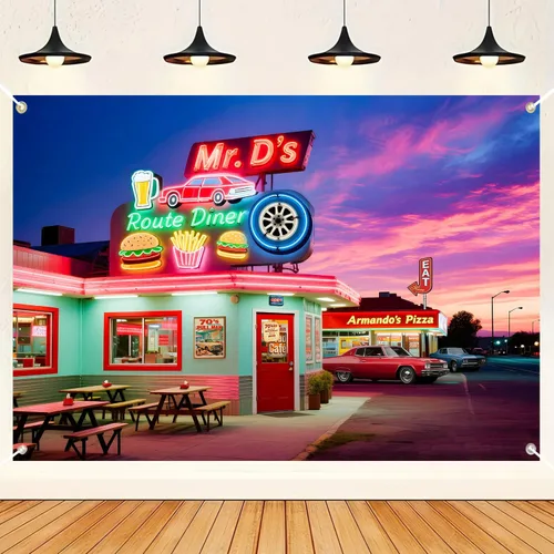 HANYING Fondo retro para cena de los años 50, Ruta 66 Restaurante Ciudad Nocturna, Fondo de Fotografía, 7 x 5 pies, Decoración de fiesta de