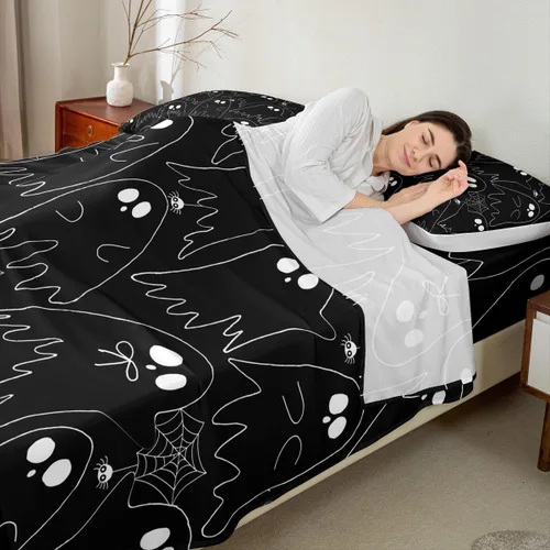 Miniatura 3 de Feelyou Juego de sábanas de fantasma negro para niños y niñas, tamaño individual, juego de sábanas de fantasma de calavera para niños, mujeres