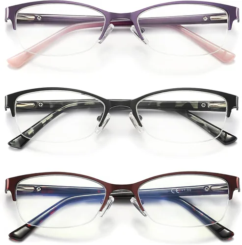 Miniatura 2 de Gafas de lectura con bloqueo de luz azul para mujer, paquete de 3 con marco ovalado de metal, bisagra de resorte, anti rayos azules, fuerza