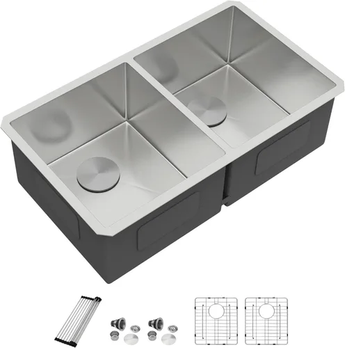 Miniatura 10 de Dcolora DC-U7730 - Fregadero de cocina de 33 pulgadas con doble tazón dividido 60/40 de calibre 16 de acero inoxidable 304, esquinas redondeadas