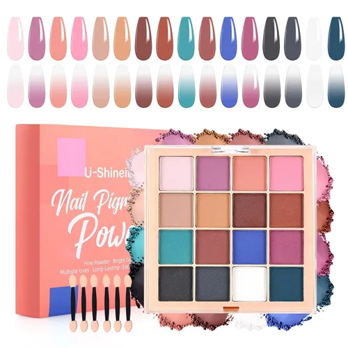Miniatura 9 de Set de paleta de polvo de pigmento para uñas, 16 colores Ombre con 100 piezas de esponjas y pinzas, uñas francesas Aura Ombre, pincel de uñas