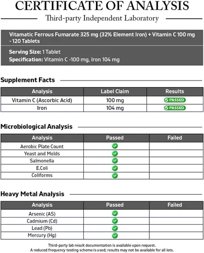 Miniatura 3 de Vitamatic Fumarato ferroso 325 mg + vitamina C 100 mg (104 mg de hierro elemental) – Suplemento de hierro de alta potencia – Suave para el estómago